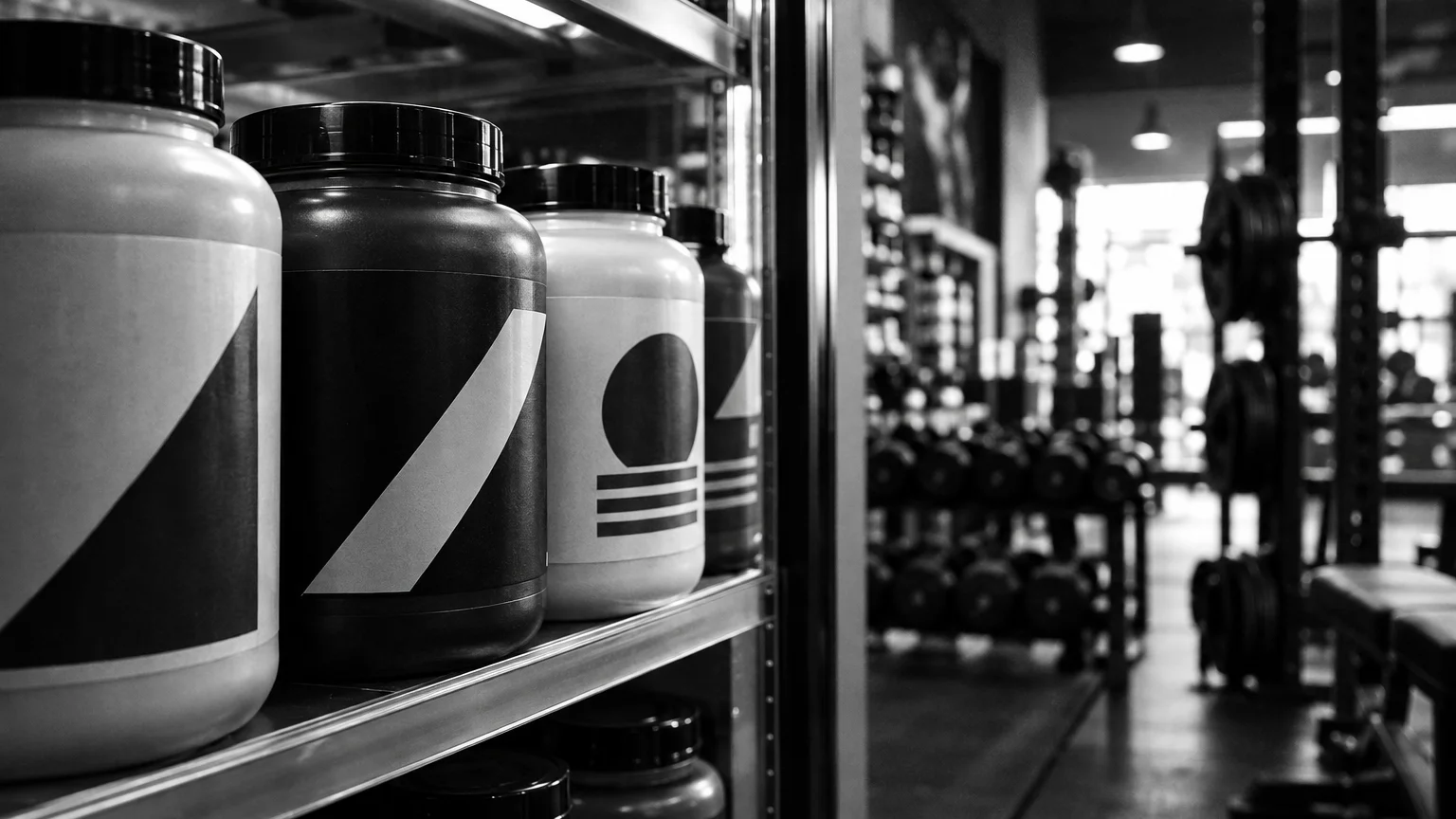 Black and white image of protein shake bottles on a fridge shelf, thick plastic jugs with bold lettering