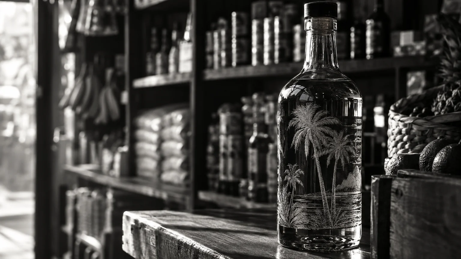 Black and white image of a rum bottle with palm artwork on the label, warm light across a bodega shelf