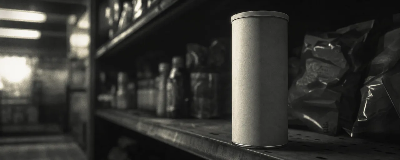 Black and white cinematic close-up of a tall cylindrical snack chip can standing on a dim convenience store shelf