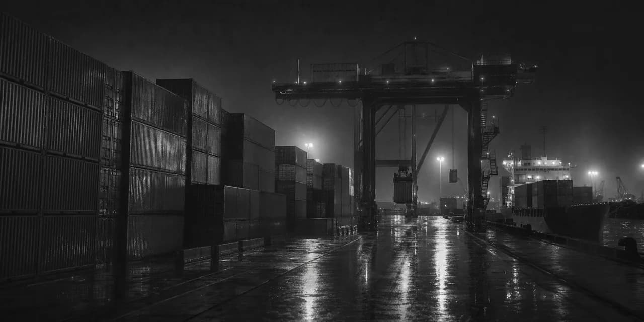 Black and white cinematic view of a shipping port at night with stacked cargo containers and a towering gantry crane
