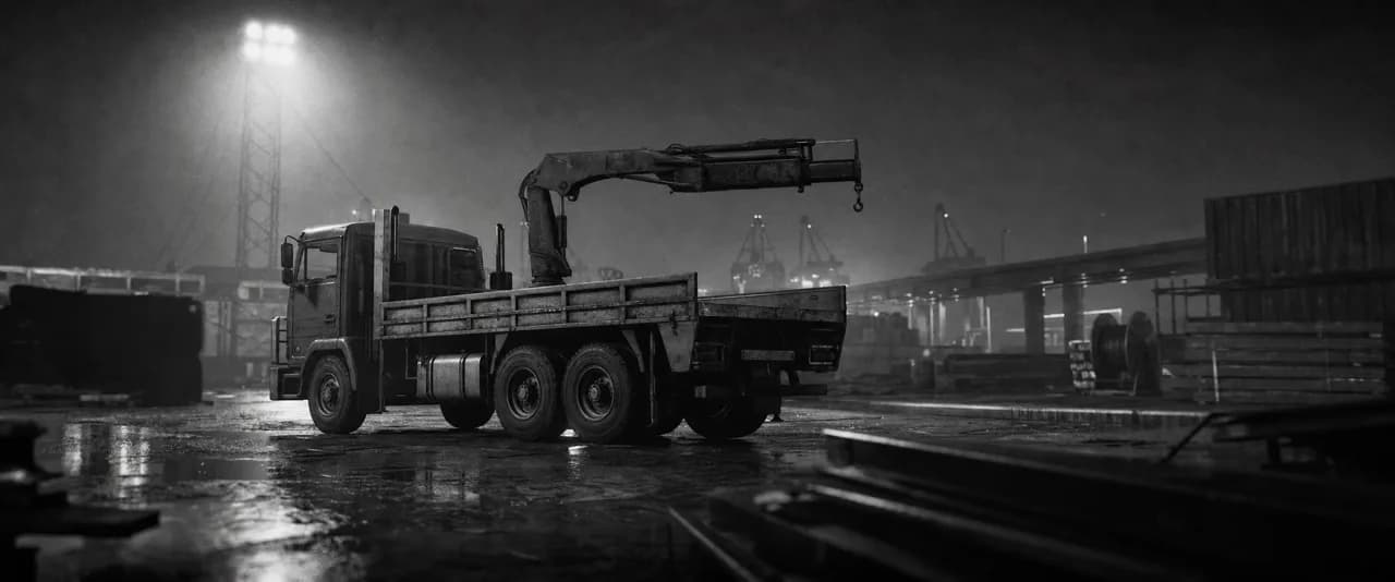 Black and white cinematic concept image of a heavy industrial crane truck parked at a freight yard under floodlights