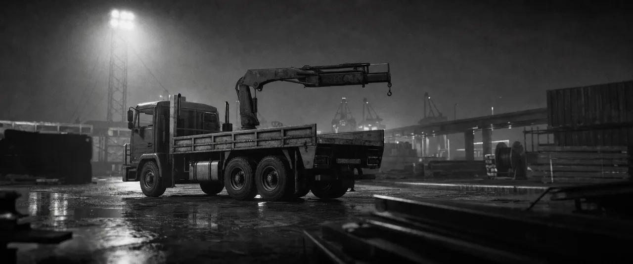 Black and white cinematic concept image of a heavy industrial crane truck parked at a freight yard under floodlights