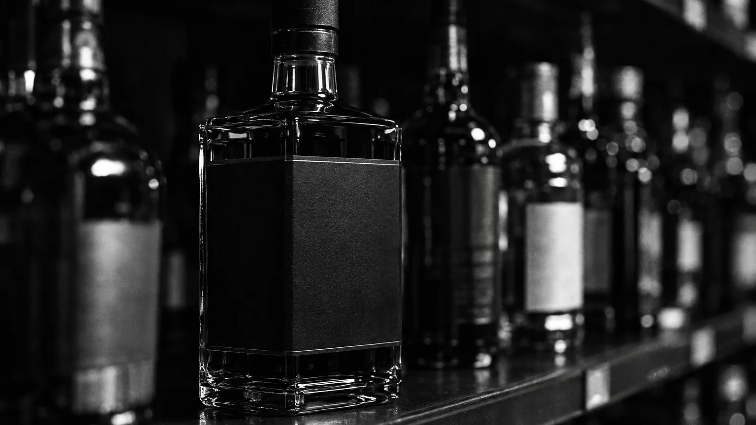 Black and white close-up of a square whiskey bottle with a black and white label, on a dim liquor store shelf