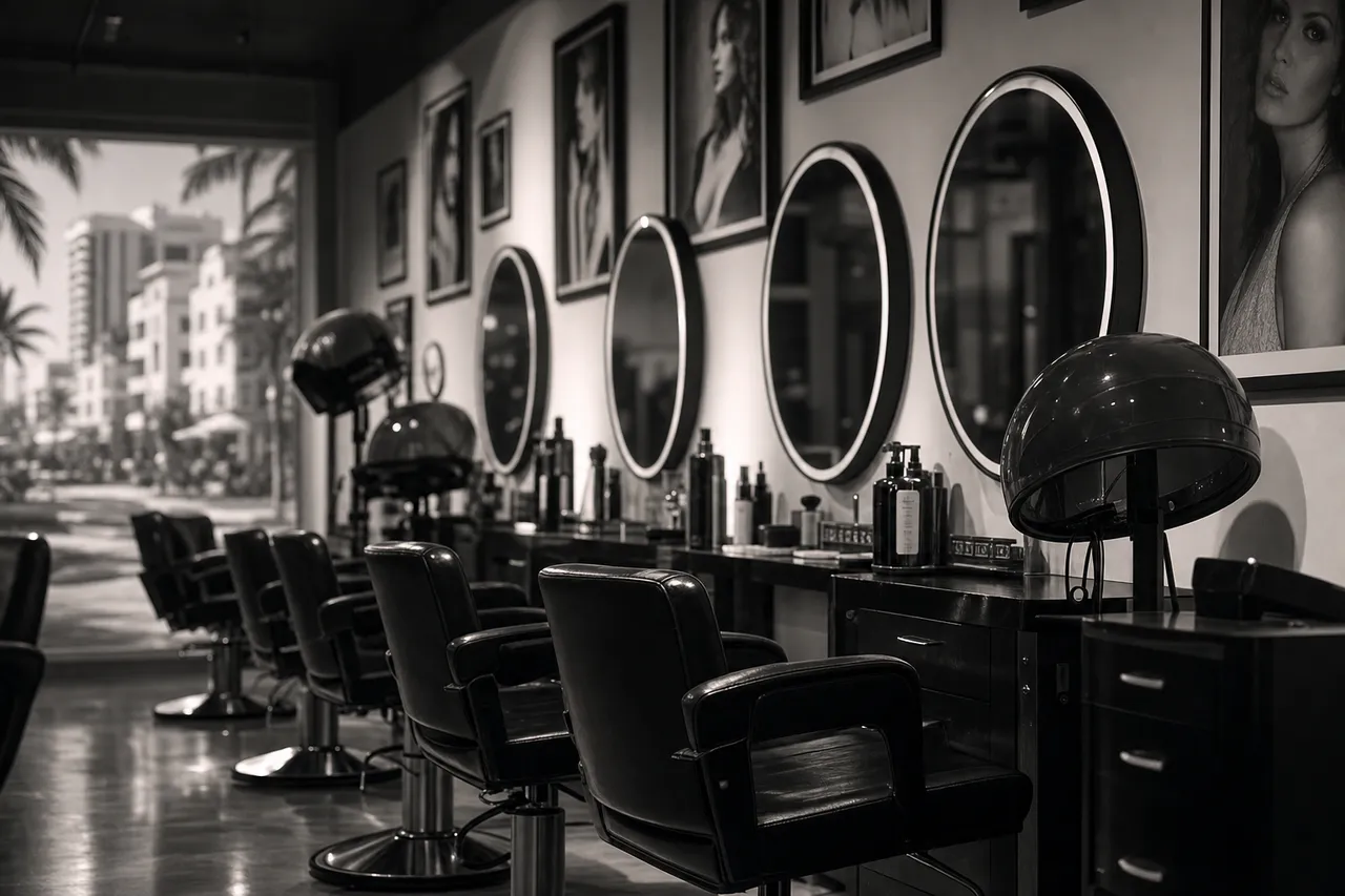 Black and white cinematic view of a beauty salon with styling chairs, round mirrors and hood dryers