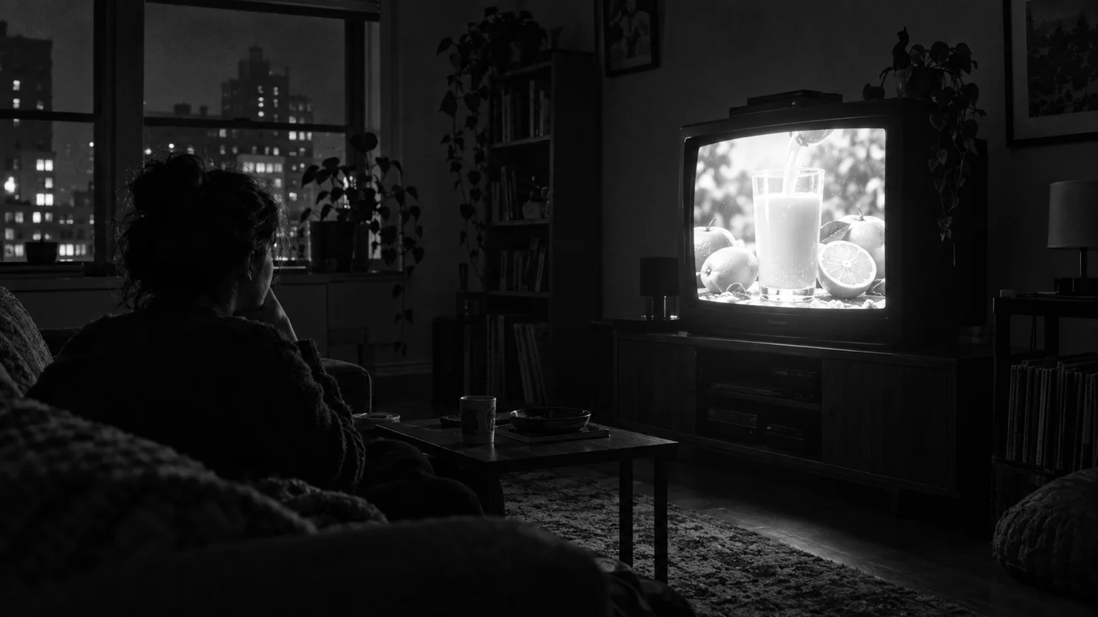 Black and white close-up of an old television in a dim apartment playing a bright juice commercial