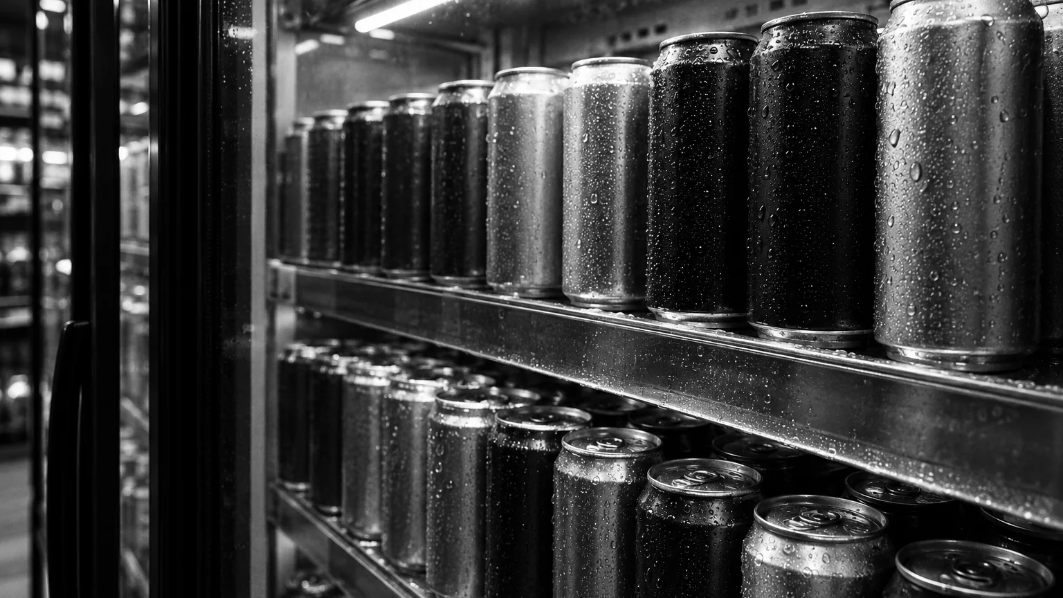 Black and white close-up of energy drink cans stacked in a cooler, bold jagged logo across the aluminium