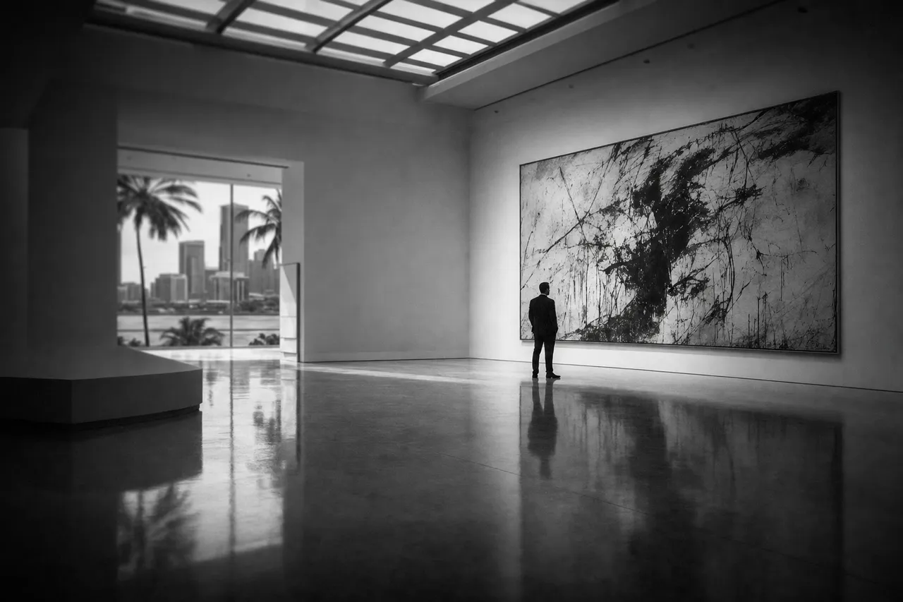 Black and white cinematic view of a minimal gallery with one abstract canvas and a lone visitor silhouette