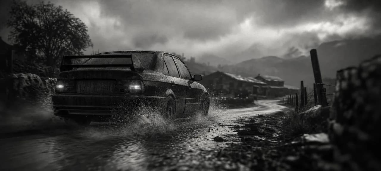 Black and white cinematic concept image of a Japanese all-wheel-drive rally sedan splashing through a wet rural road