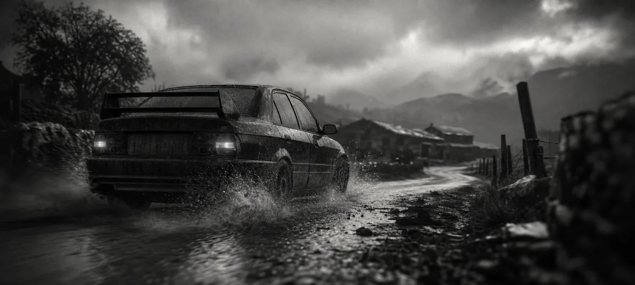 Black and white cinematic concept image of a Japanese all-wheel-drive rally sedan splashing through a wet rural road