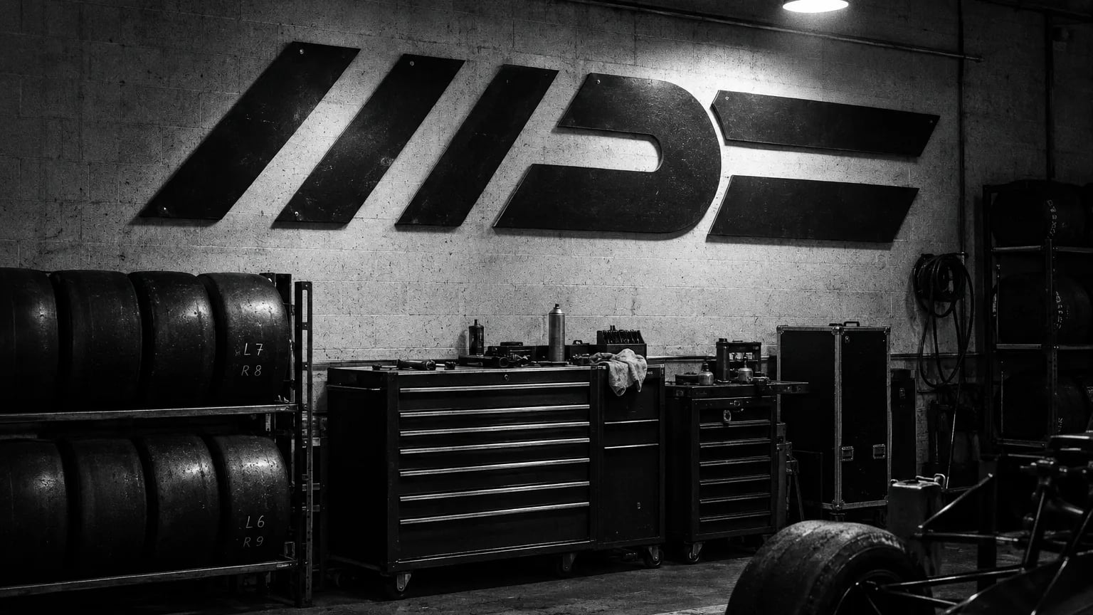 Black and white cinematic shot of industrial signage lettering on a workshop wall above race equipment