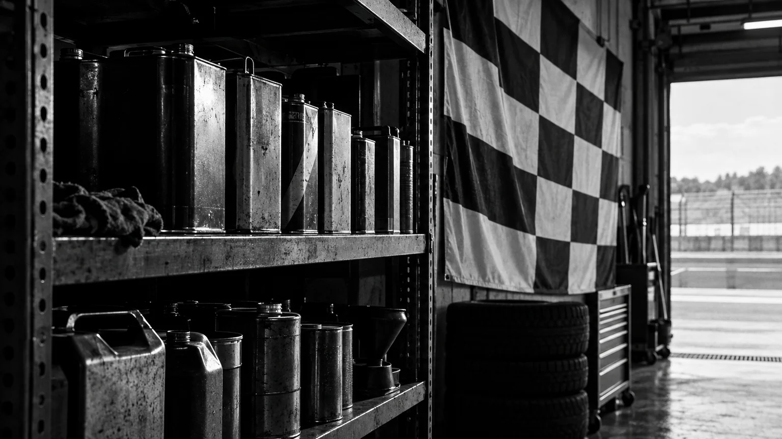 Black and white cinematic photograph of oil cans stacked on a workshop shelf beside a race banner