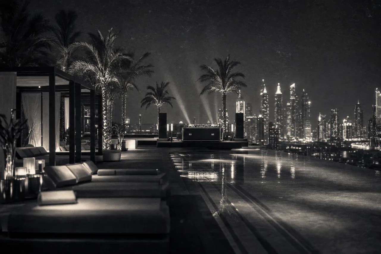 Black and white luxury hotel rooftop pool party at night with lounge cabanas, palm trees and a glittering city skyline behind