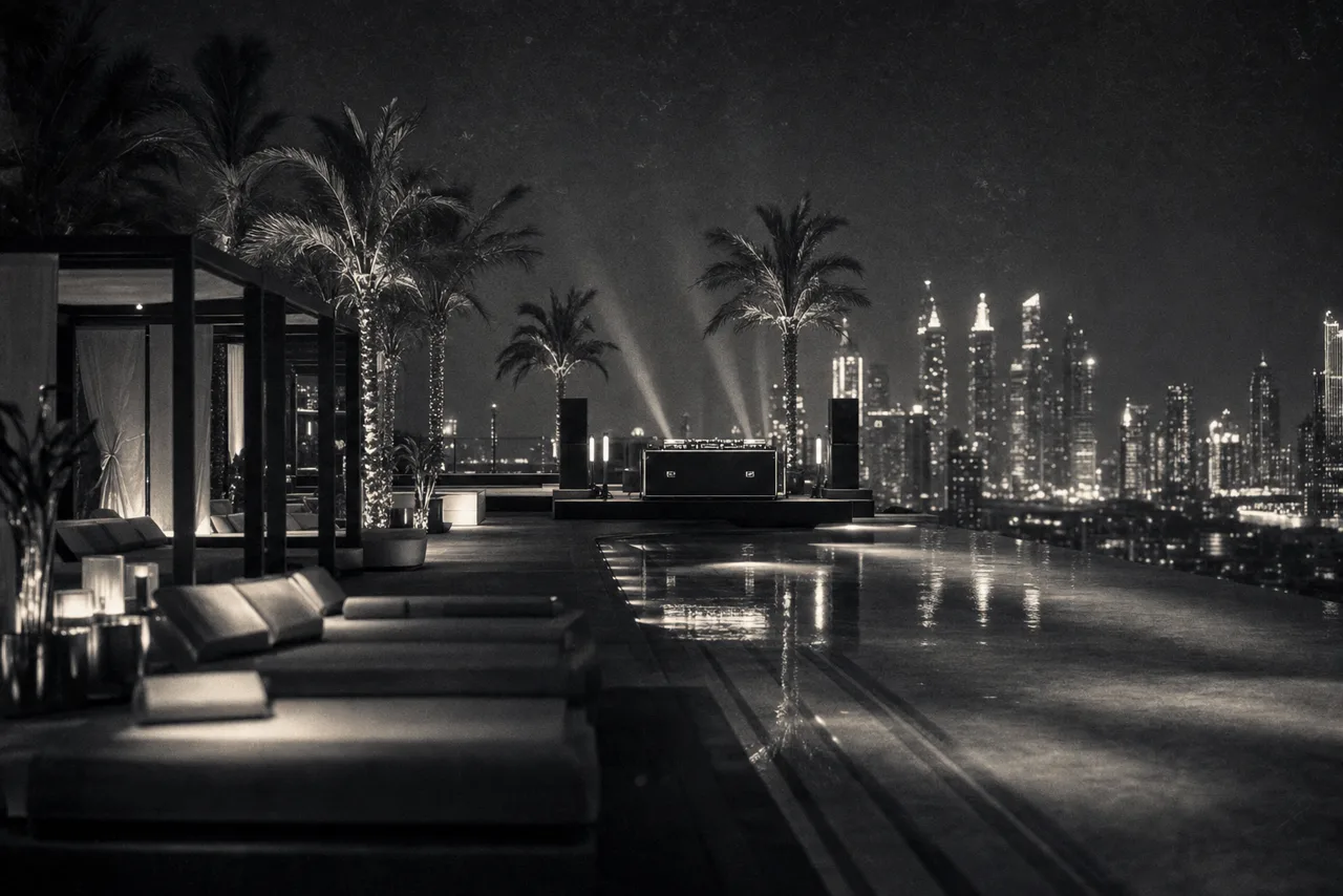 Black and white luxury hotel rooftop pool party at night with lounge cabanas, palm trees and a glittering city skyline behind