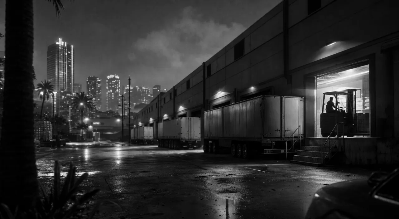 Black and white cinematic night view of warehouse loading docks with trailers backed in and a forklift silhouette