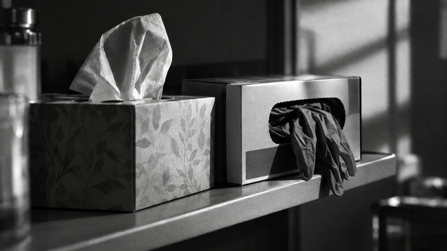 Black and white cinematic shot of a tissue box and a glove dispenser box on a shelf edge