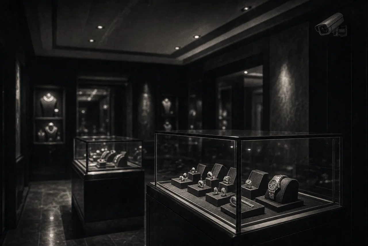 Black and white high end jewellery boutique with illuminated glass display cases and a security camera