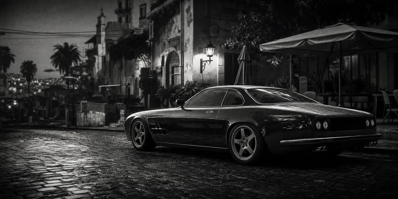 Black and white cinematic concept image of a elegant Italian grand-touring coupe on a cobblestone street outside a cafe