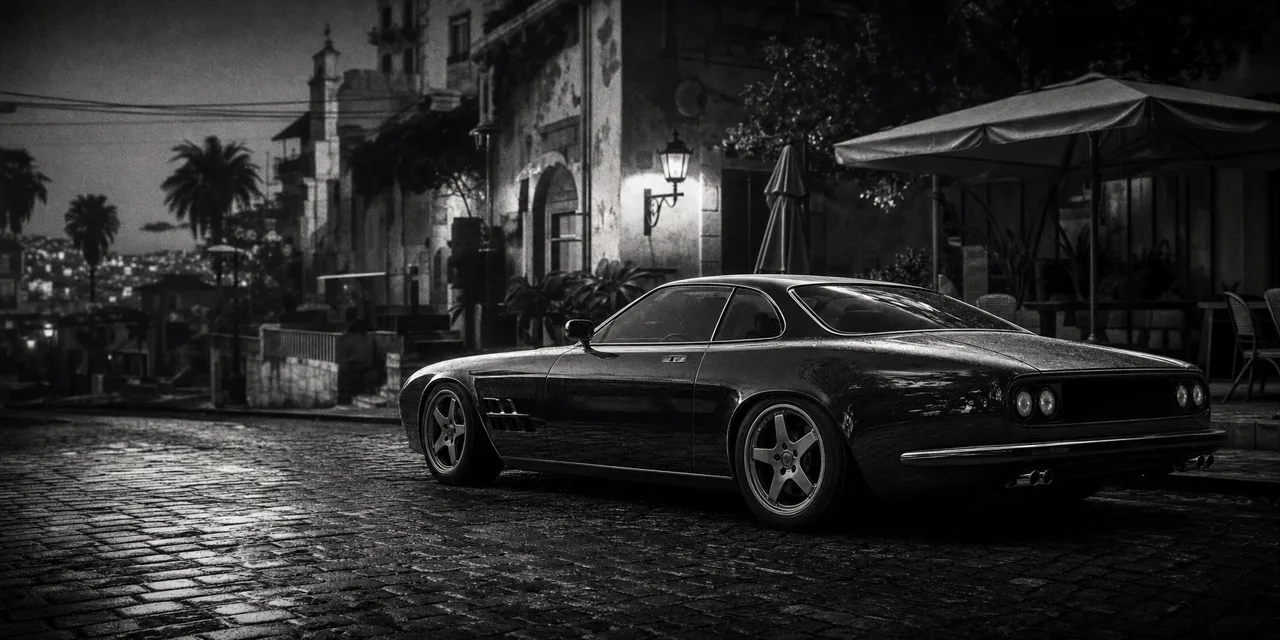 Black and white cinematic concept image of a elegant Italian grand-touring coupe on a cobblestone street outside a cafe