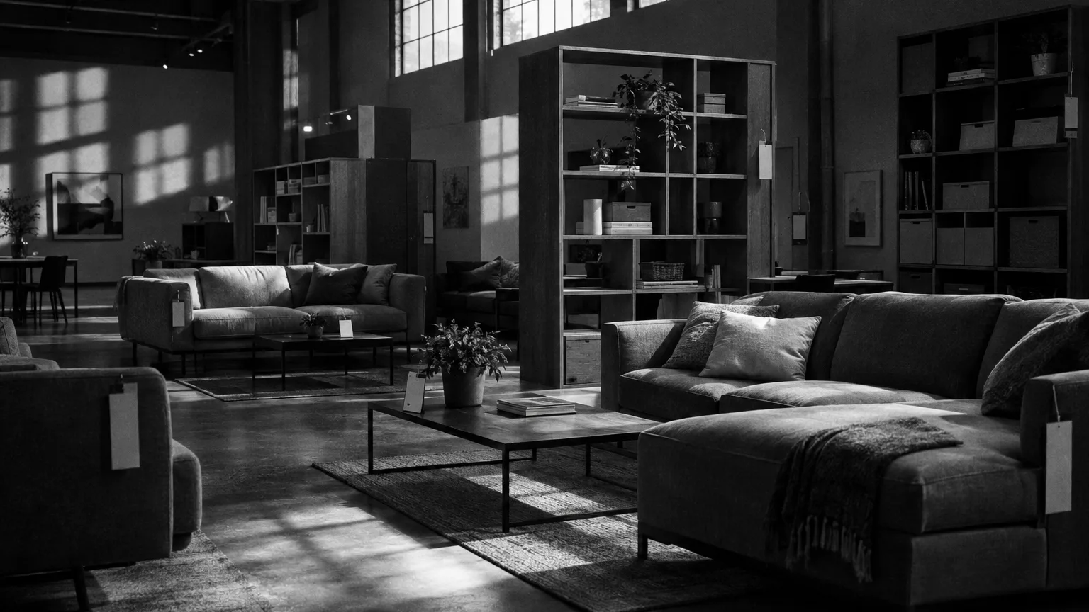 Black and white cinematic image of a flat-pack furniture showroom with tagged display sofas