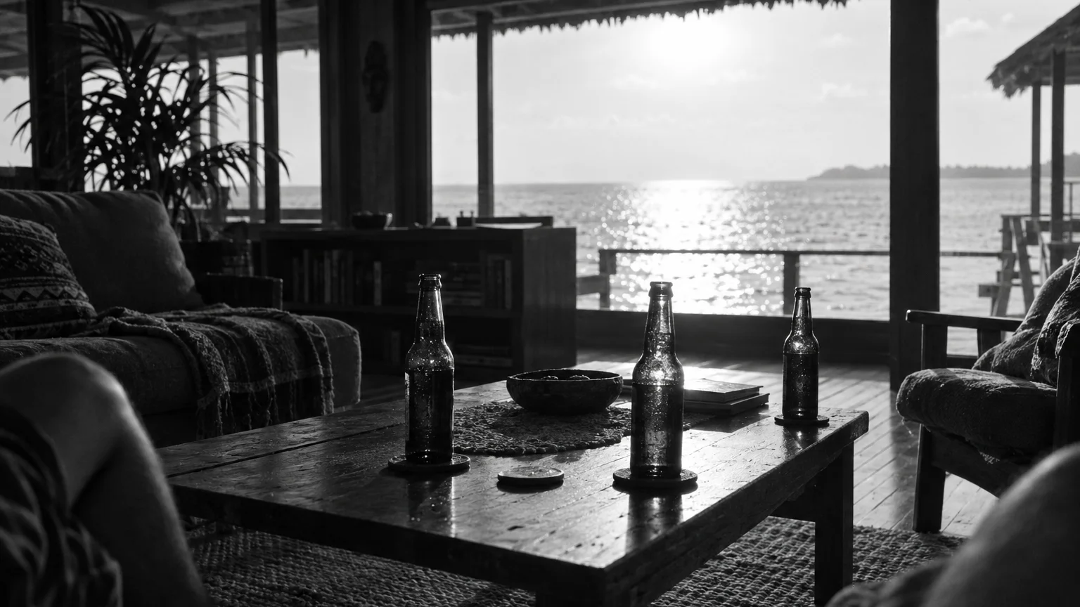 Black and white shot of beer bottles on a stilt house coffee table, ocean light coming through the windows