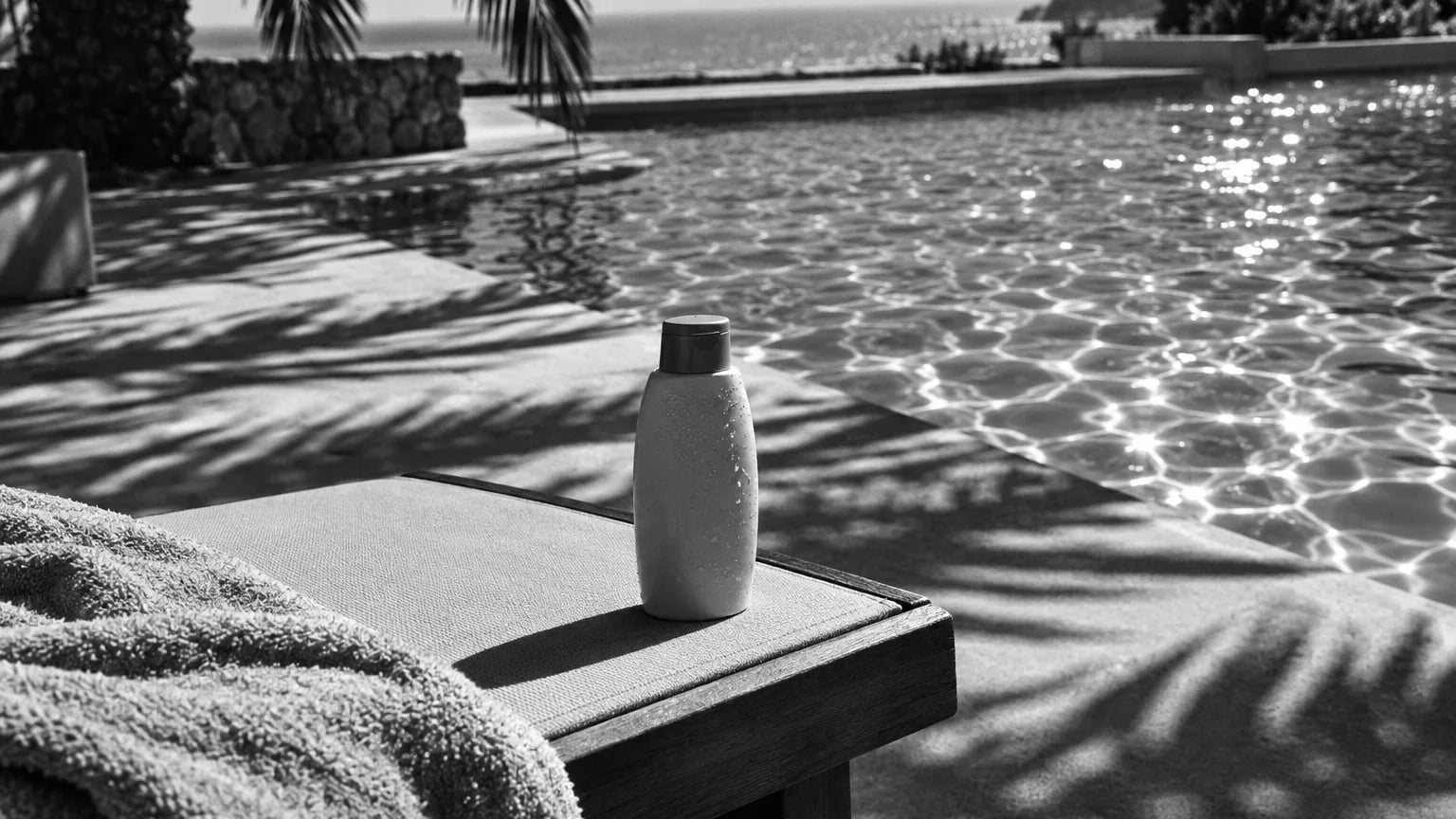 Black and white cinematic photograph of a woman applying lotion on a sun lounger beside a pool under high sun