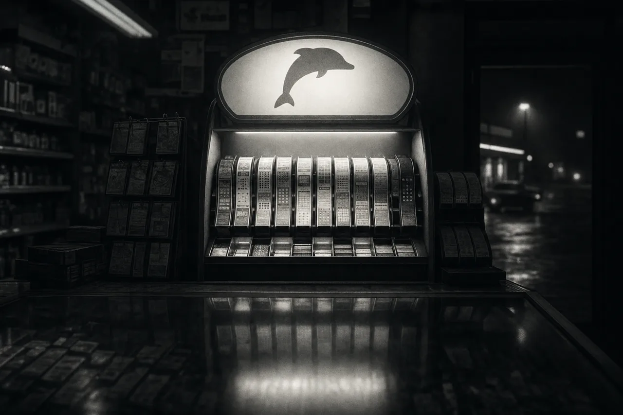 Black and white glowing lottery ticket kiosk inside a dim convenience store with scratch ticket dispensers and a dolphin emblem