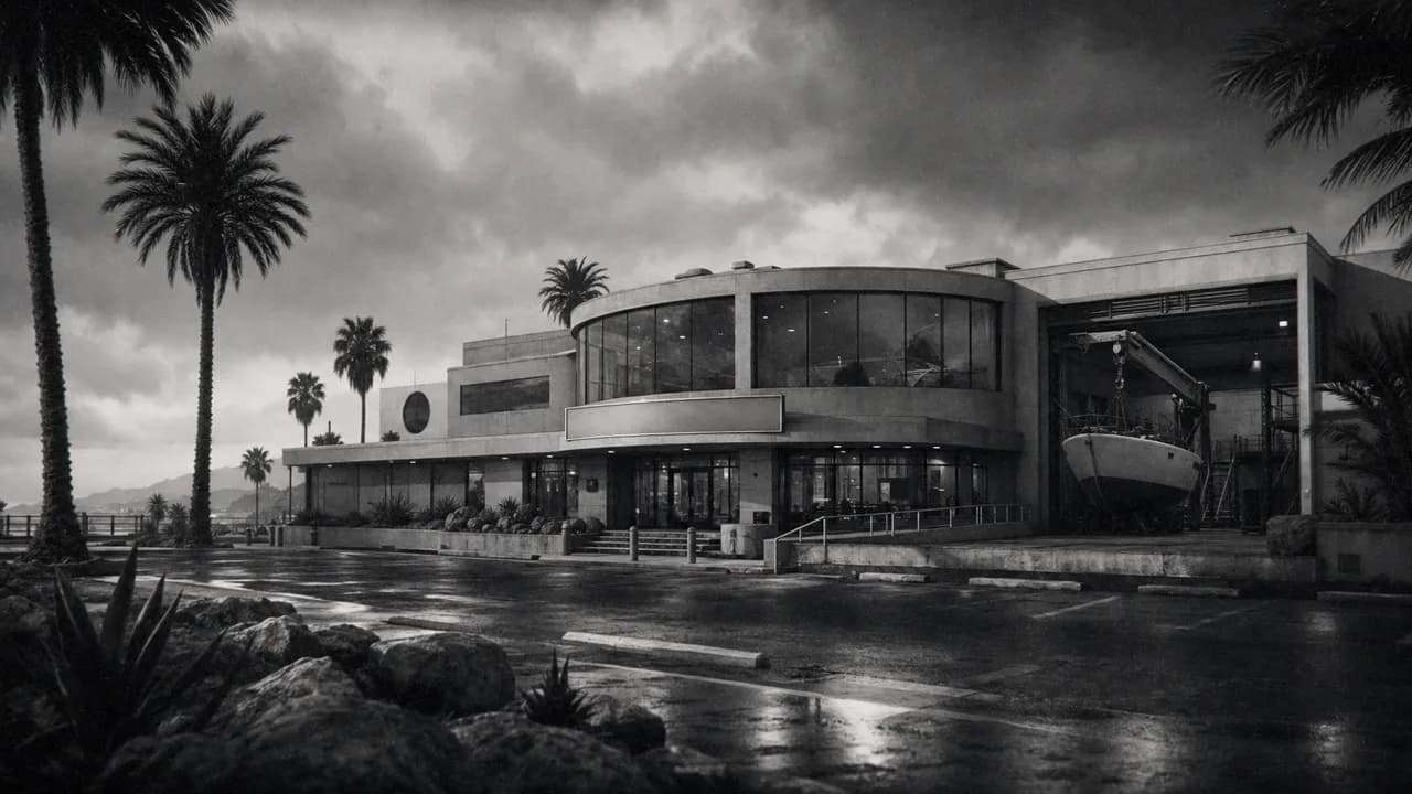 Black and white coastal marine center with curved glass windows and a boat-repair bay holding a craned hull under an overcast sky