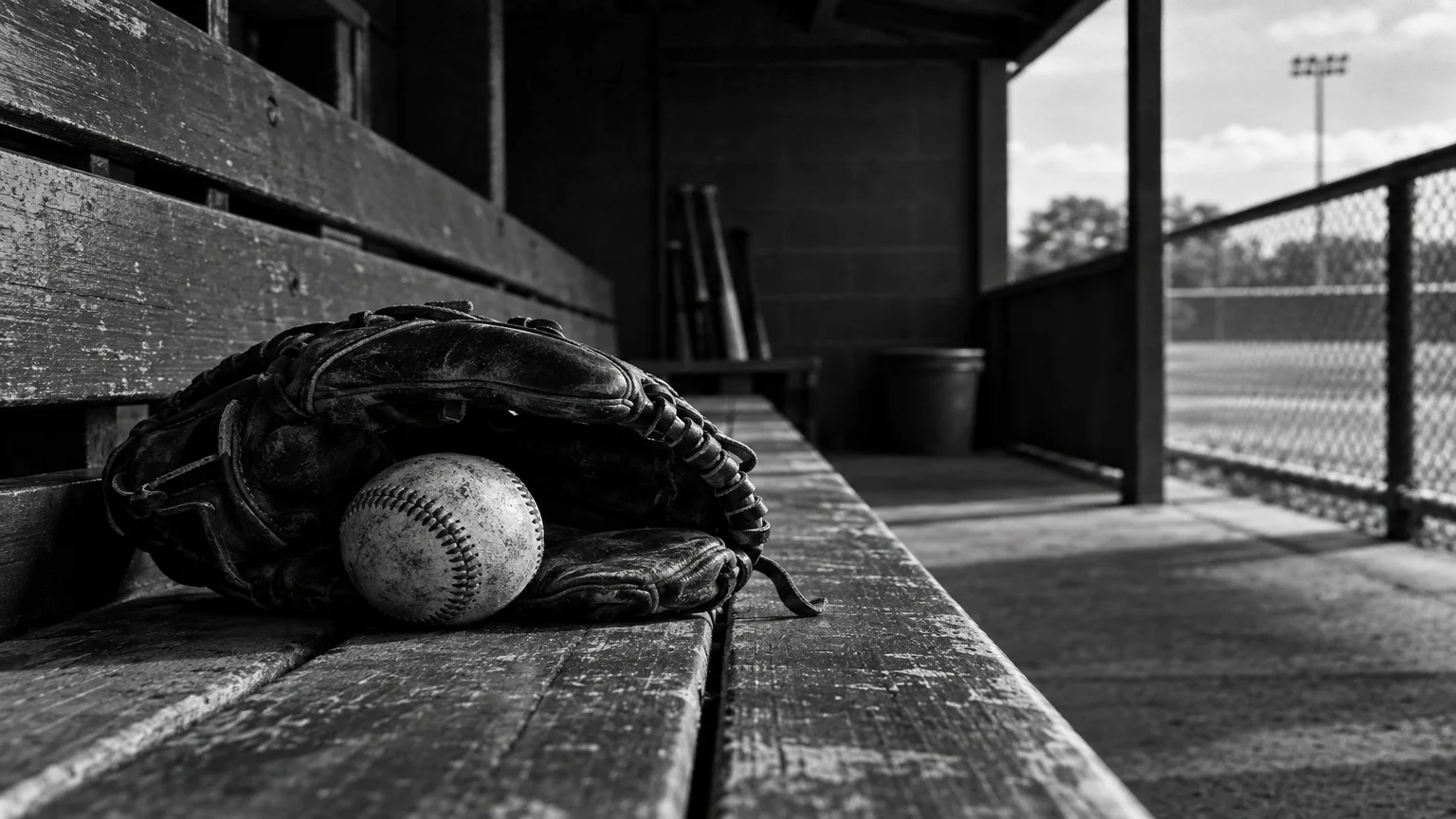 Black and white cinematic photograph of a baseball and worn glove resting on a dugout bench