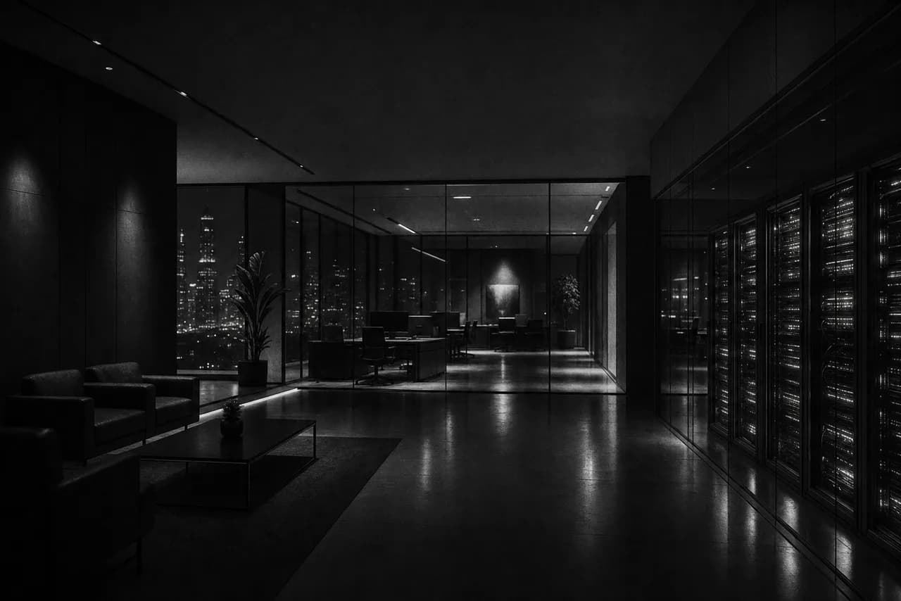 Black and white sleek corporate tech lobby at night with glass walls and glowing server racks beyond