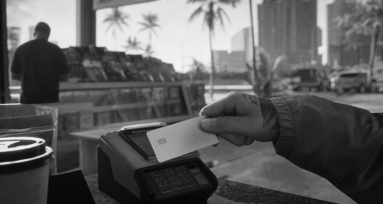 Black and white cinematic close-up of a hand tapping a blank credit card on a payment terminal at a rest stop counter
