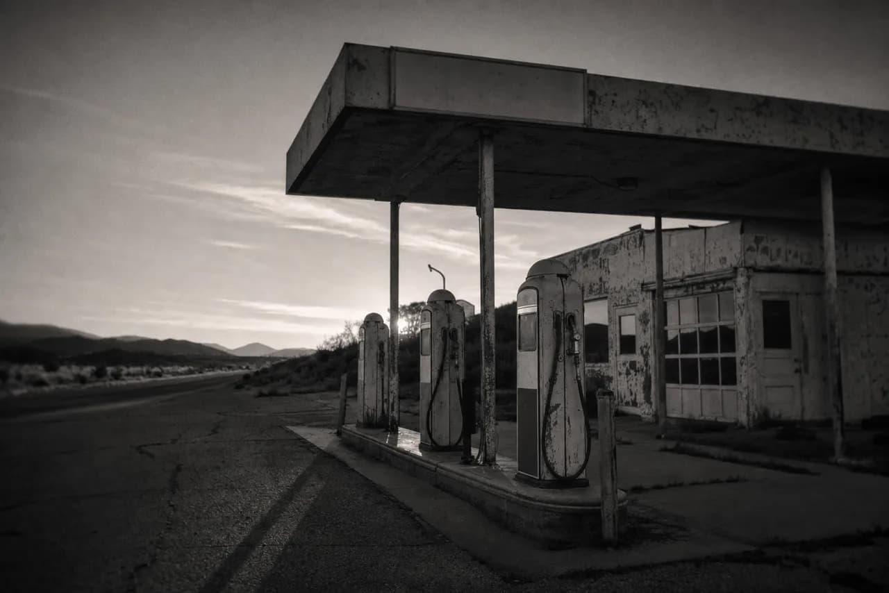Black and white vintage roadside gas station on an empty desert-edge highway at twilight with retro fuel pumps and a weathered service building
