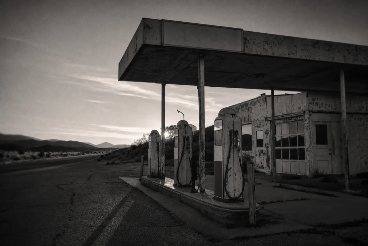 Black and white vintage roadside gas station on an empty desert-edge highway at twilight with retro fuel pumps and a weathered service building