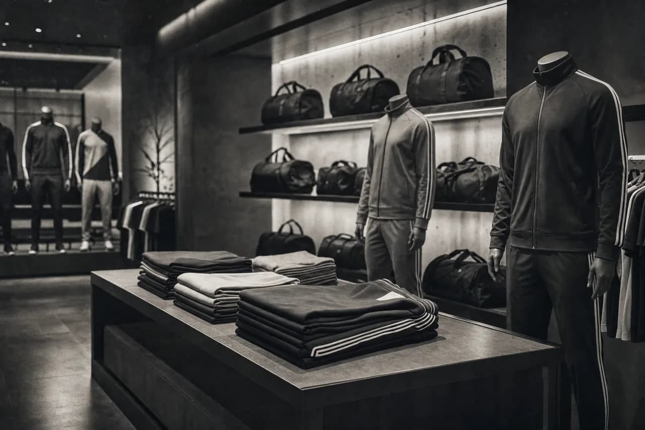Black and white sportswear apparel store with tracksuit mannequins folded athletic wear and a wall of gym bags