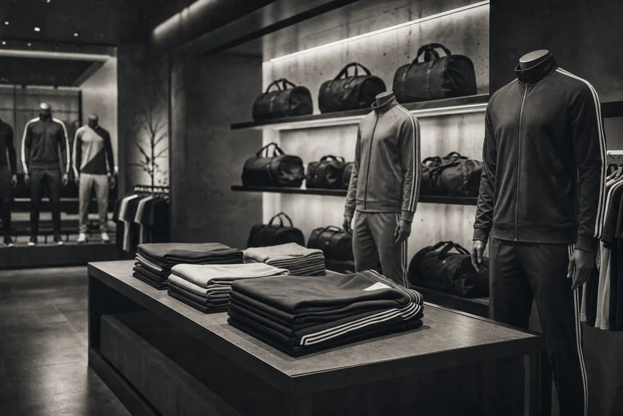 Black and white sportswear apparel store with tracksuit mannequins folded athletic wear and a wall of gym bags