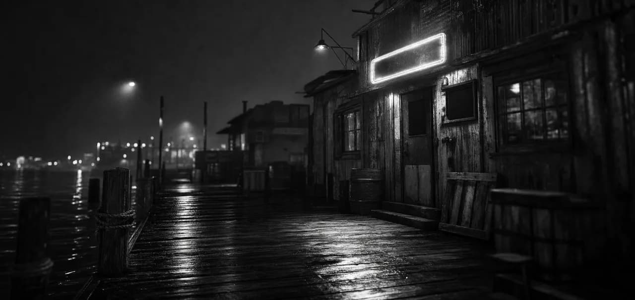 Black and white cinematic shot of a weathered waterfront dive bar at night with a glowing blank neon sign above the door