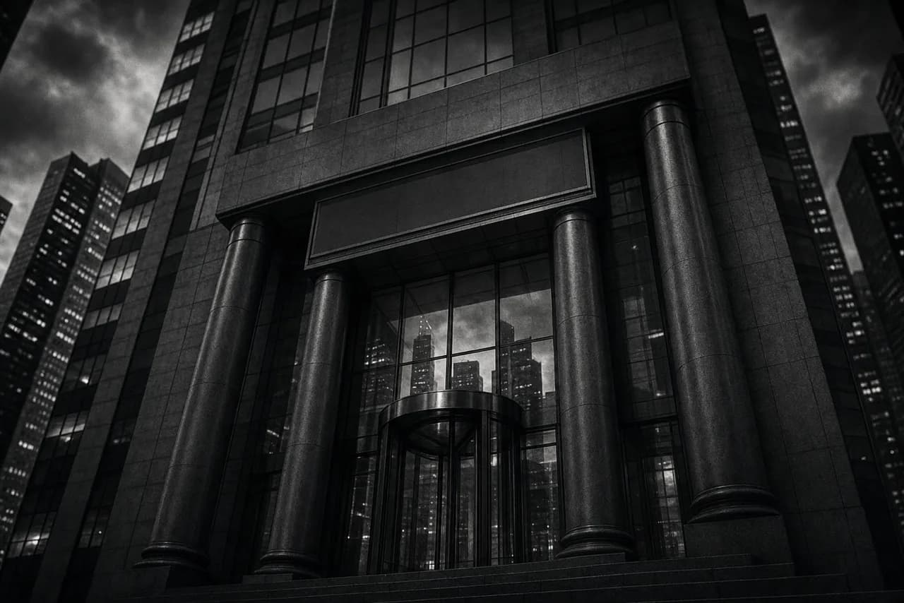 Black and white imposing investment bank tower facade at dusk with tall columns, a revolving door and a city skyline reflected in the glass
