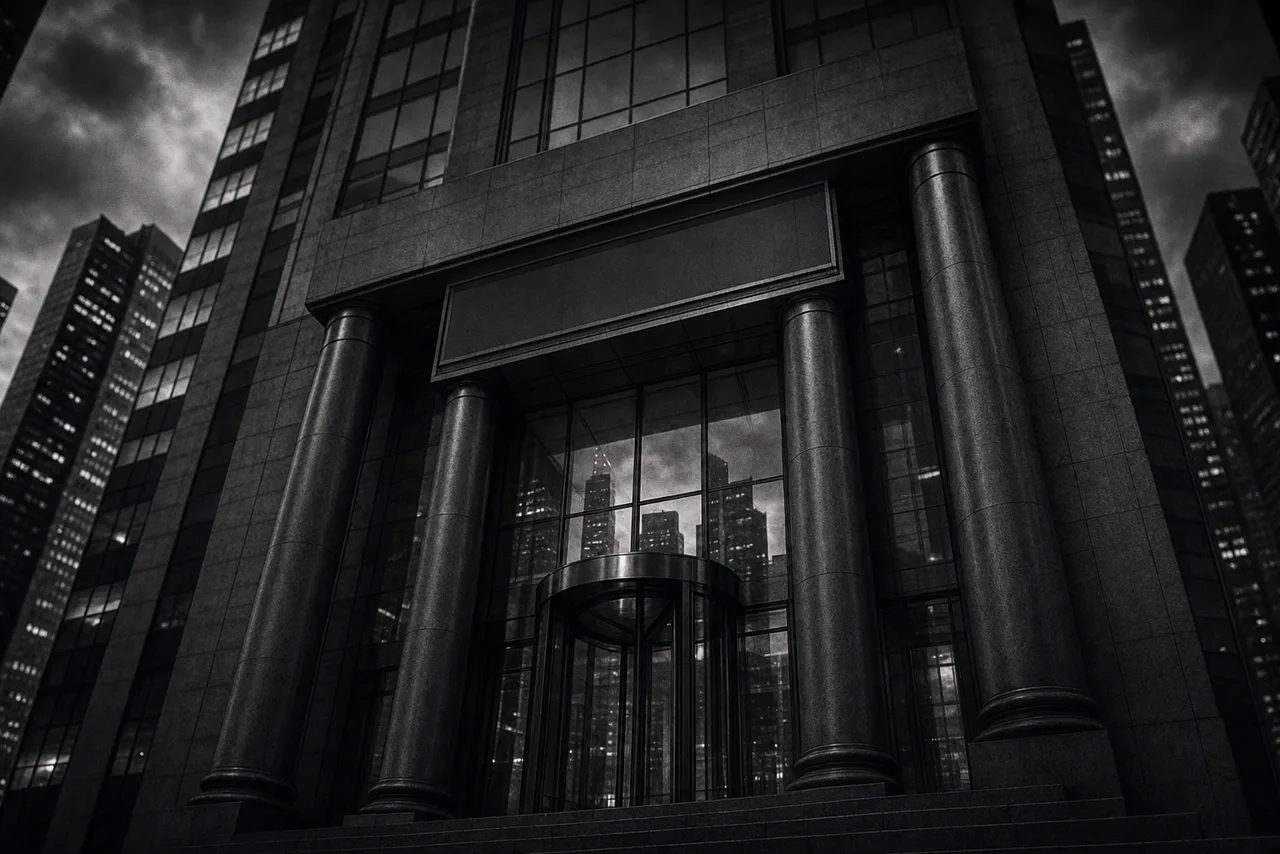 Black and white imposing investment bank tower facade at dusk with tall columns, a revolving door and a city skyline reflected in the glass