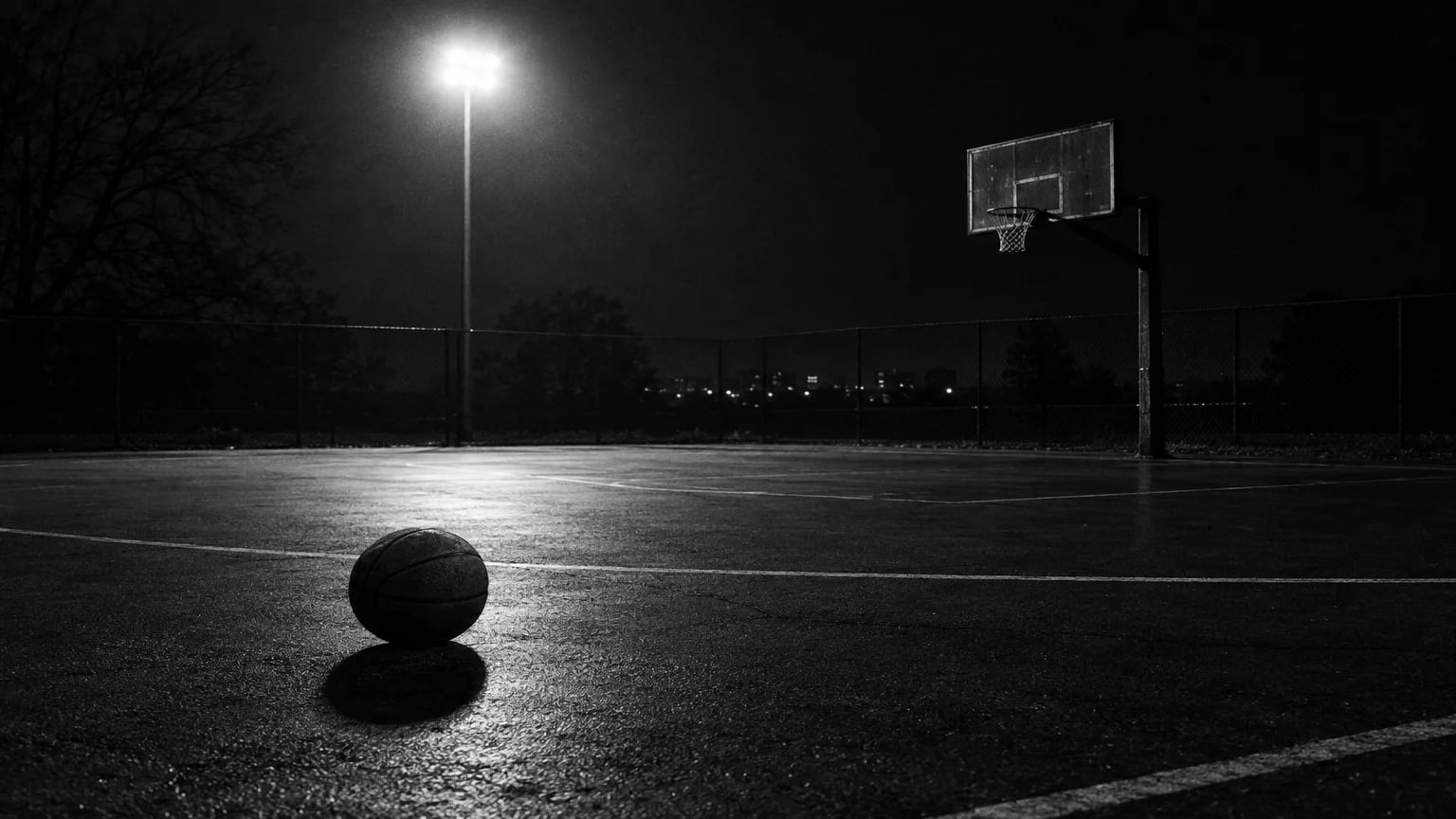 Black and white cinematic photograph of a basketball resting on an empty outdoor court at night