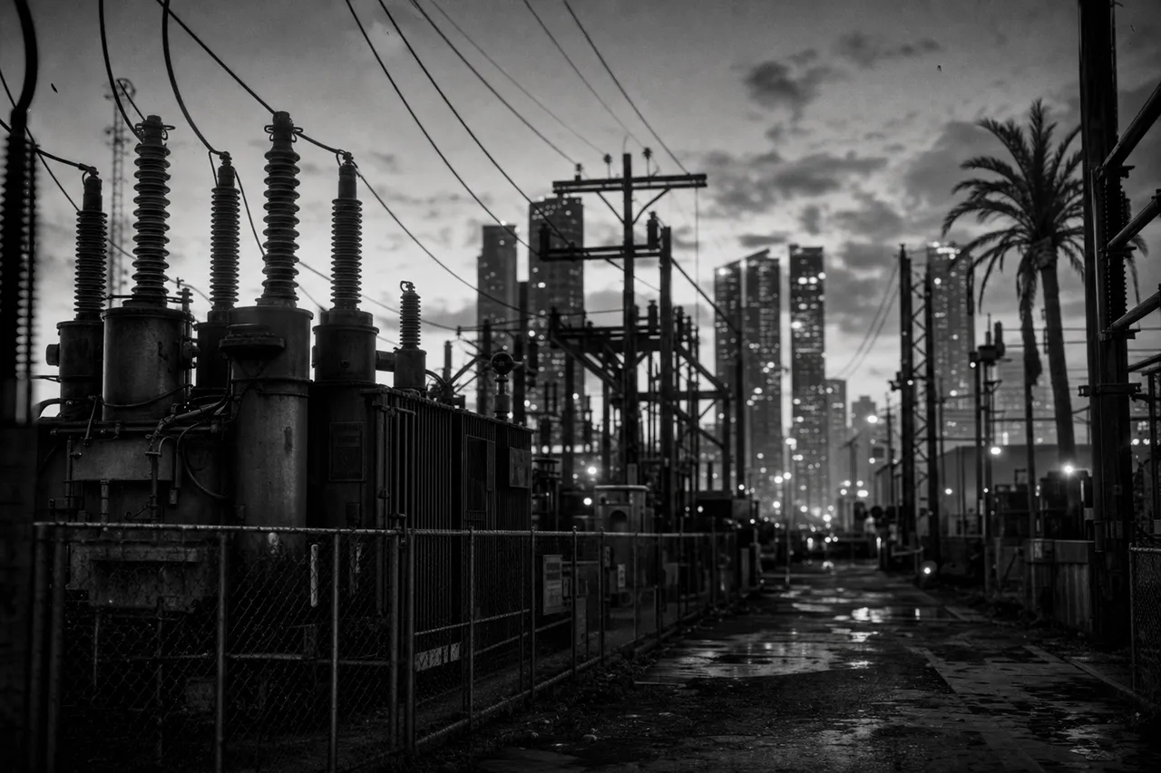 Black and white cinematic view of an electrical substation at dusk with power lines marching toward a distant city glow