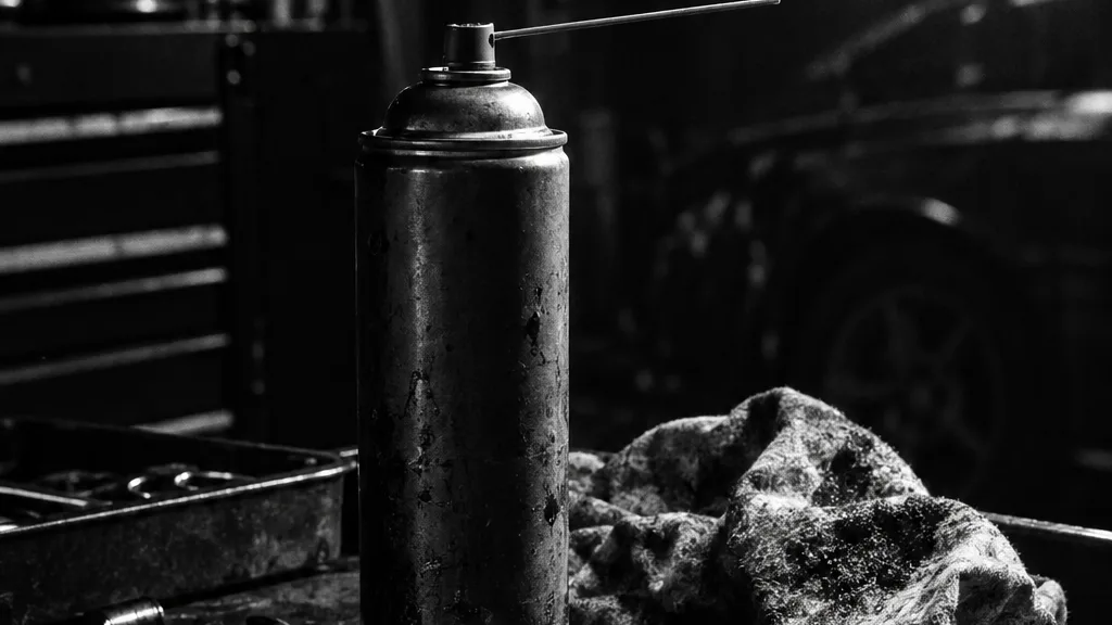 Black and white cinematic close-up of an aerosol lubricant can on a workshop tool cart