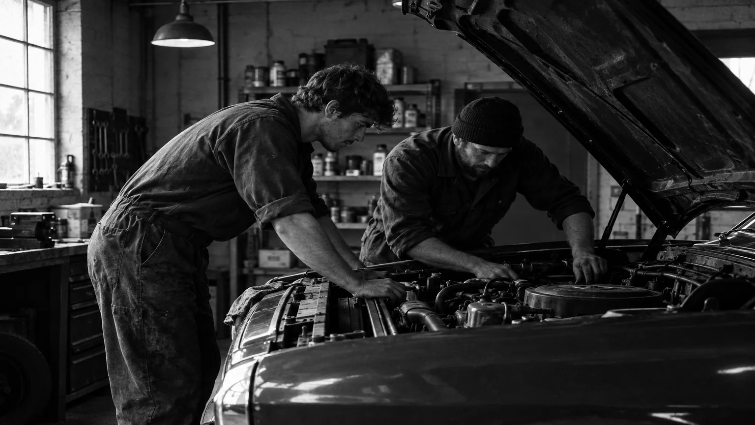 Black and white cinematic photograph of two mechanics leaning over an open bonnet in a small garage