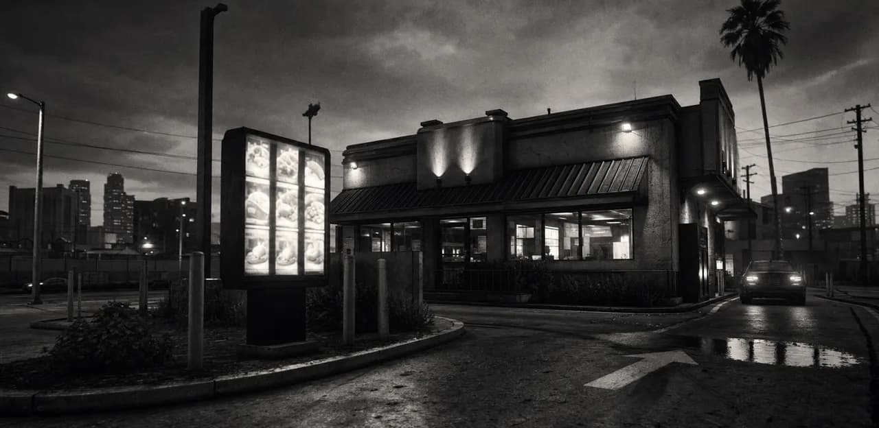 Black and white cinematic shot of a fried chicken fast food restaurant with a drive-thru lane and an illuminated menu board at dusk