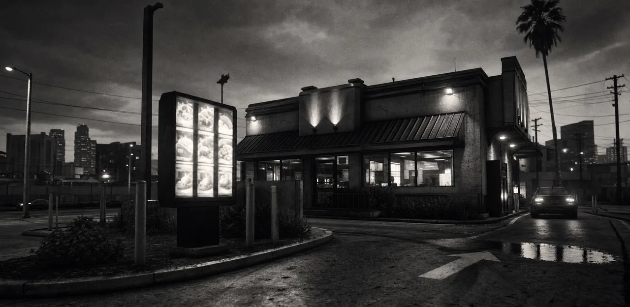Black and white cinematic shot of a fried chicken fast food restaurant with a drive-thru lane and an illuminated menu board at dusk