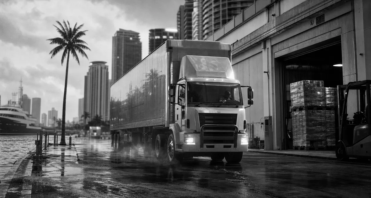 Black and white cinematic view of a corporate distribution truck passing pallets of shrink-wrapped goods on a dockside street