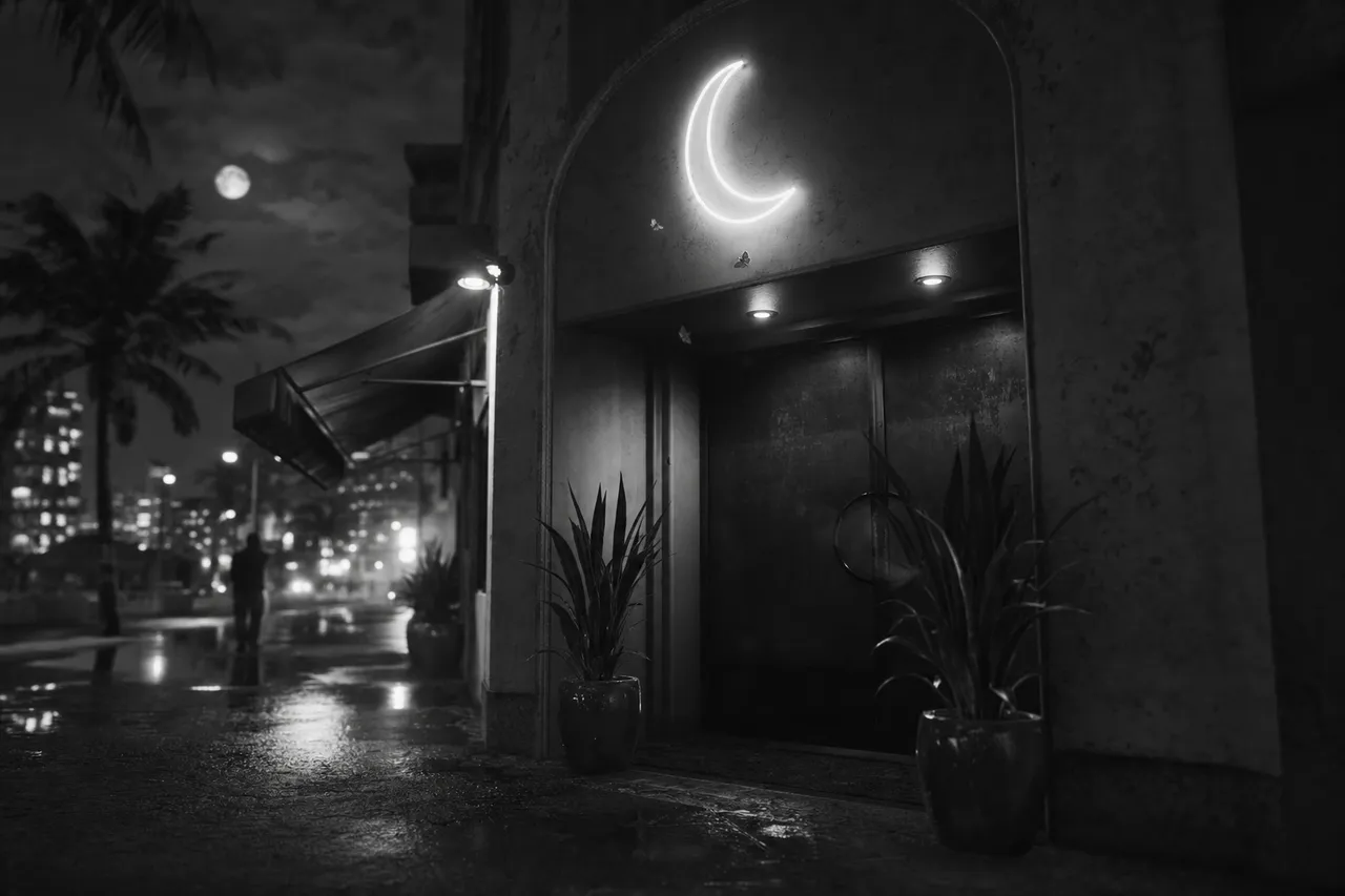 Black and white cinematic night view of a storefront with a crescent moon neon silhouette above a dark doorway