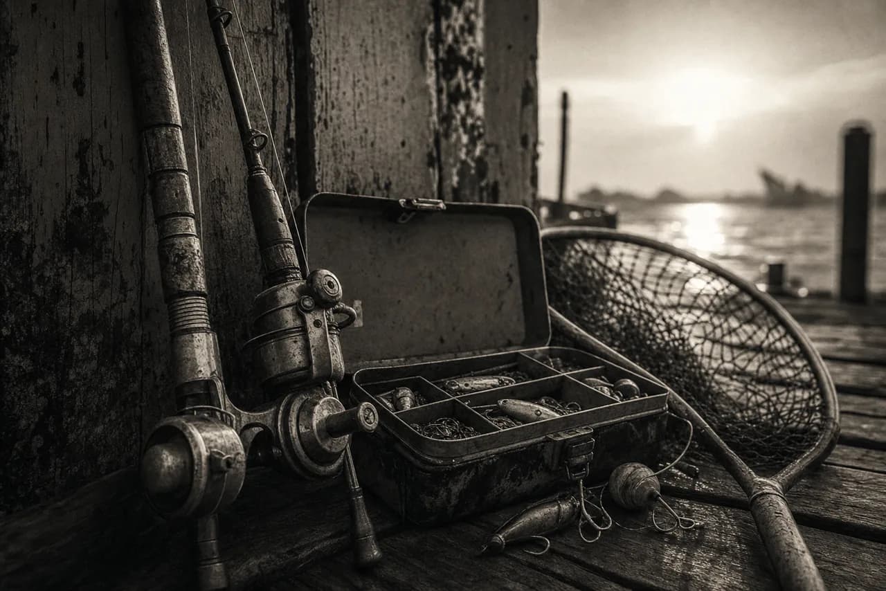 Black and white still life of vintage fishing rods, reels, lures and a landing net on a weathered dock at golden hour