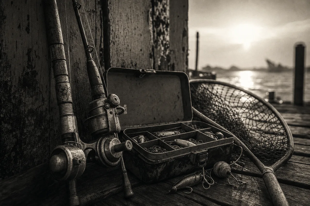 Black and white still life of vintage fishing rods, reels, lures and a landing net on a weathered dock at golden hour