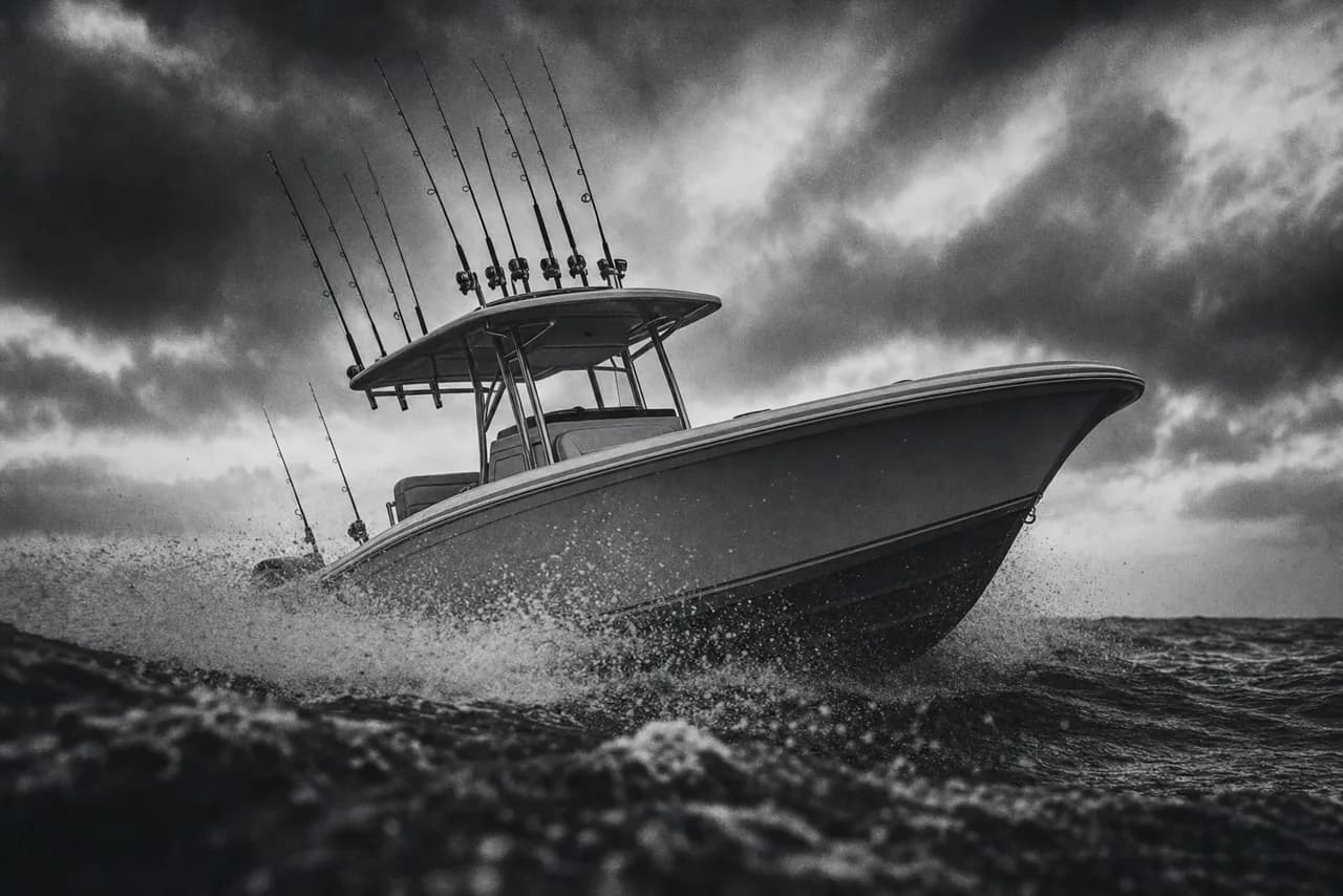 Black and white center-console sport fishing boat cutting through choppy open water at speed with rods up and a stormy sky