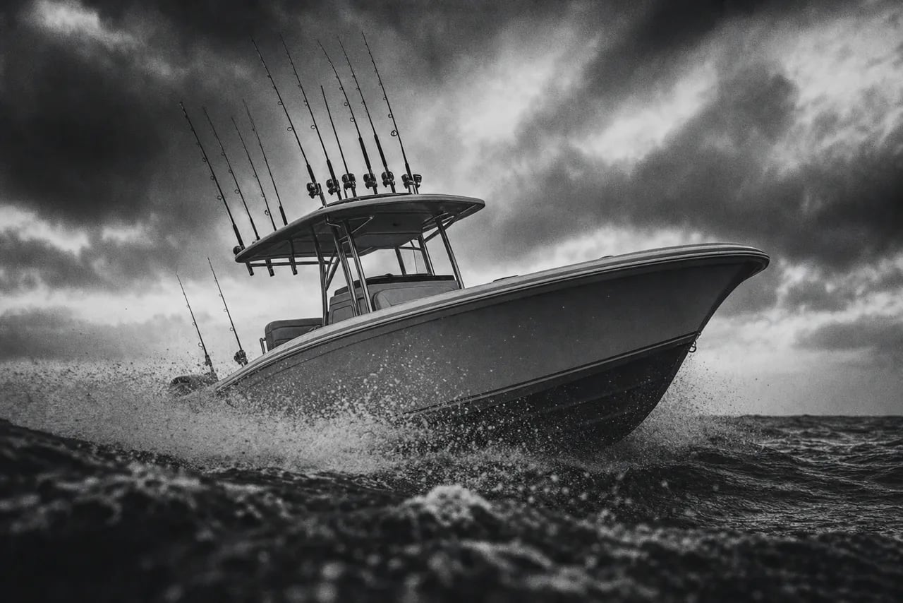 Black and white center-console sport fishing boat cutting through choppy open water at speed with rods up and a stormy sky