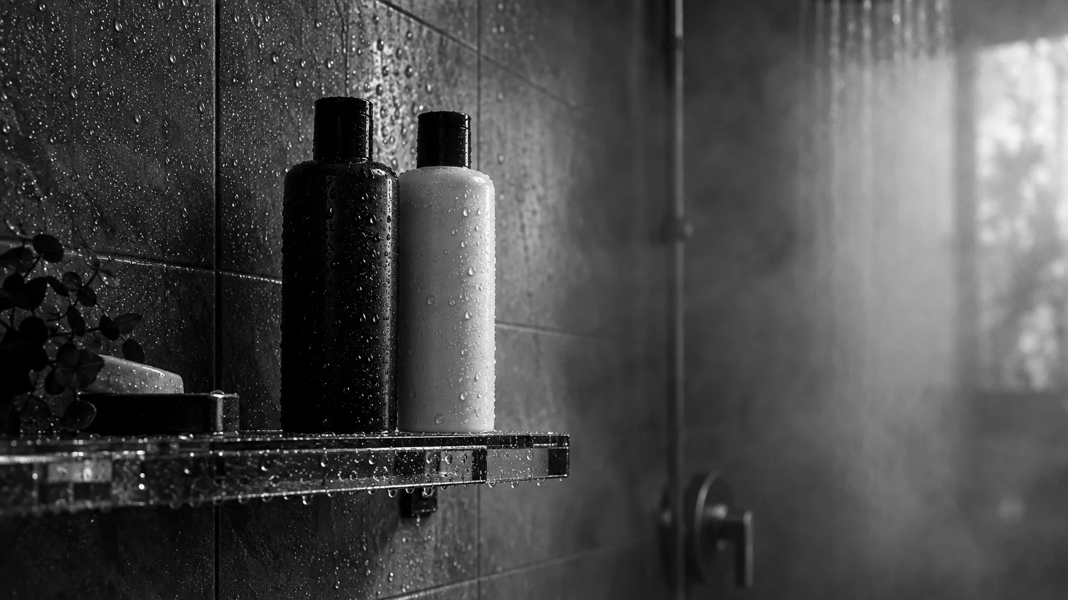 Black and white cinematic photograph of shampoo bottles lined on a shower shelf with water droplets and steam